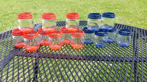Mini Mason Jar Shot Glasses - Set of 20 - Coral and Navy Blue or CHOOSE COLORS  or colors of event Wedding Favors - Bachelorette Party