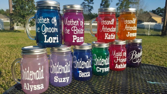 Wedding Personalized MASON JAR Sippy Tumbler - Glass with Handle - Choose your Color and Lettering -  Bachelorette - Weddings Welcome
