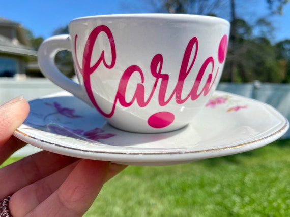 Choose your Saucer & Personalized Tea Cup and Saucer Set - Custom Tea Cup and you choose the saucer and shade of pink lettering.
