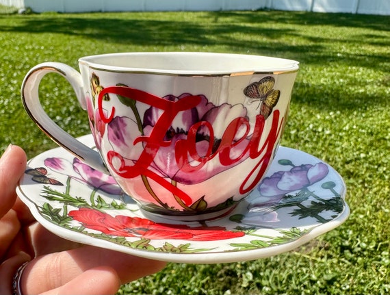 Poppy Floral Personalized Tea Cup and Saucer Set -  choose name -  tea party