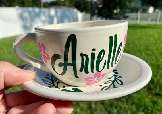 Personalized Tea Cup and Saucer Set - Floral and leave design - choose your lettering and colors.