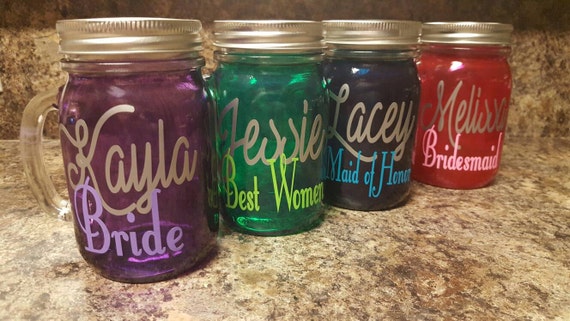 Wedding Personalized Sippy Mason Jar Tumbler - Glass with Handle - Choose Your Colors-  Bachelorette Glasses - Weddings