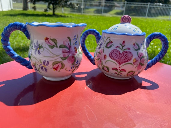 Floral and Heart Vintage Sugar Bowl and Creamer Set
