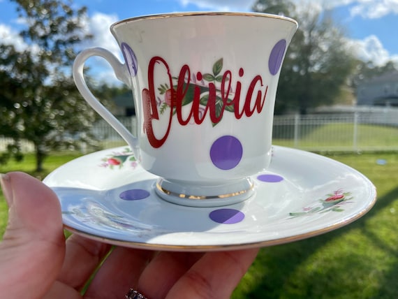 Personalized Tea Cup and Saucer Set - Floral Design - Choose Name - Beautiful floral design