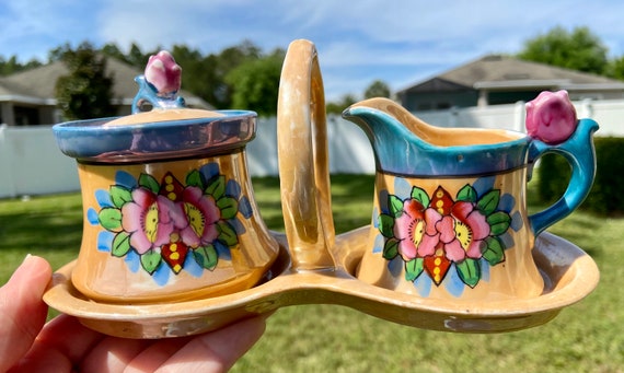 Hand Painted Sugar Bowl / Creamer - Floral Design - beautiful set - Japan Lusterware