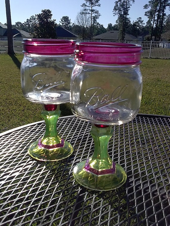 PAIR - Mason Jar Margarita or Sangria Glass - 16oz Square Elite - Plum Purple and Green- Bachelorette Orders Welcome - Wedding