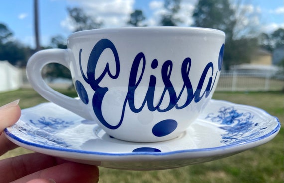 Personalized Tea Cup and Saucer Set - Blue  Design with flower design.