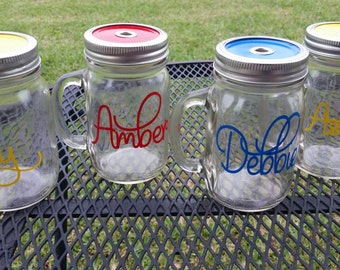 16 oz  Personalized  MASON JAR Sippy Tumbler - Glass with Handle - Choose your Color -  Birthday Parties - Personalized Gifts - Event Glass