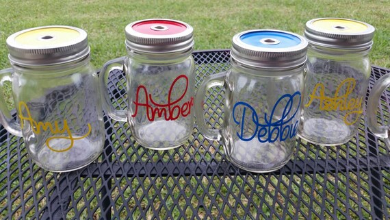 16 oz  Personalized  MASON JAR Sippy Tumbler - Glass with Handle - Choose your Color -  Birthday Parties - Personalized Gifts - Event Glass