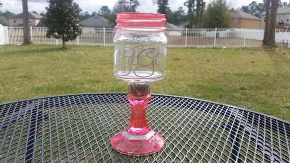 Personalized Mason Jar Wine Glass - Coral and Silver  - Choose Your Color - One Glass - Weddings - Bachelorette Parties- Birthday Party