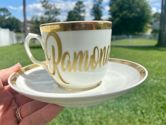 Personalized Tea Cup and Saucer Set - Bone White with Gold Design - vintage Germany tea cup