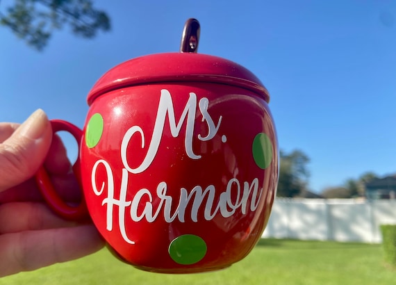 Personalized Apple Tea Cup with Spoon and Lid - great teacher gift
