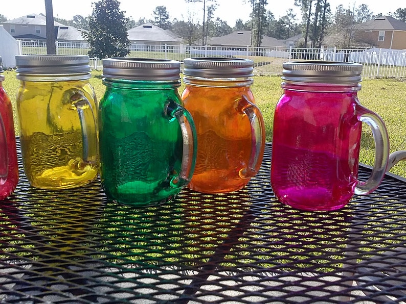 16 oz MASON JAR Glasses Glass with Handle Choose your Color Bachelorette Glasses Baby Showers Wedding Glasses image 2