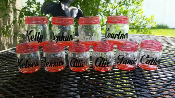 Mini Mason Jar Shot Glasses - Set of 20 - CHOOSE COLORS  or colors of event Wedding Favors - Bachelorette Party - Each Glass Personalized