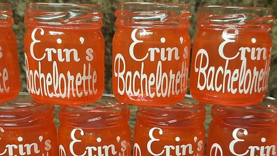 Personalized Mini Mason Jar Shot Glasses - Set of 10 - CHOOSE COLORS   Wedding Favors - Bachelorette Party - Bachelorette Glasses