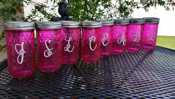 Personalized Set of 12 Glasses -12oz Quilted Ball Mason Jar Glasses -  Hot Pink Glass -  Bachelorette Party - Wedding Glassware