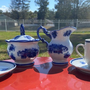 Japan Blue Floral and White Tea Cup - Creamer and Sugar Bowl