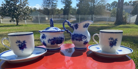 Japan Blue Floral and White Tea Cup - Creamer and Sugar Bowl