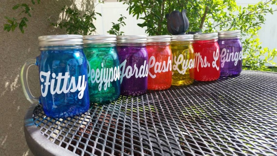Personalized 16 oz  MASON JAR Sippy Tumbler - Glass with Handle -Choose Color-  Bachelorette Party - Baby Showers - Weddings
