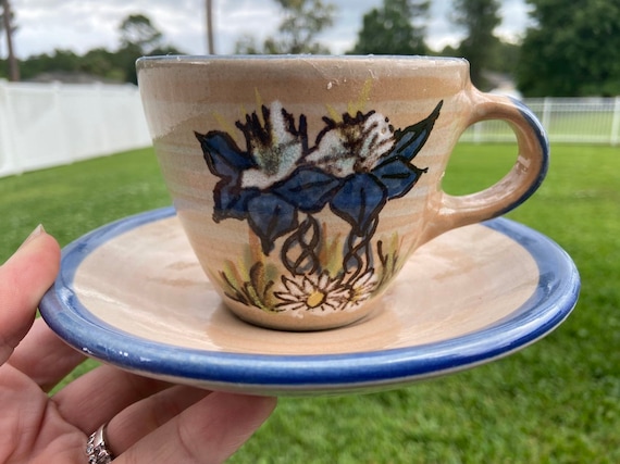 Personalized Coffee or Tea Cup  - Stoneware Blue Floral Pottery