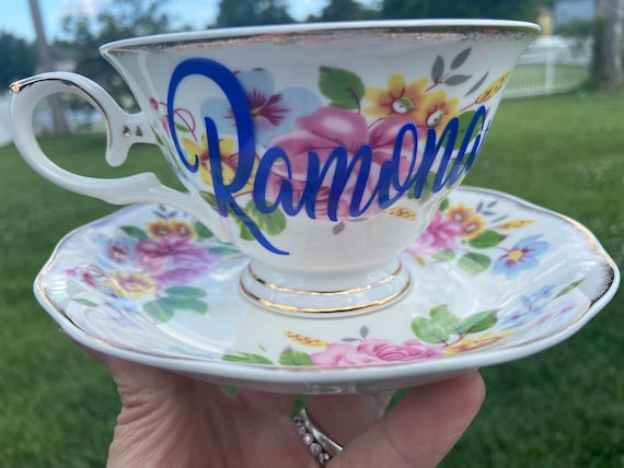 Large Floral Bone China Tea Cup and Saucer Set - Personalized Tea Cup Set