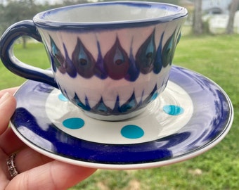 Pottery Tea Cup and Saucer Set – Peacock Feather Design