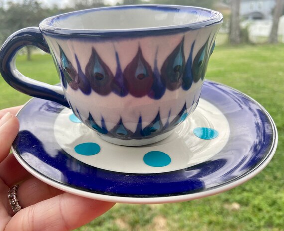 Tea cup and saucer set - Pottery - Peacock feather Design - great gift