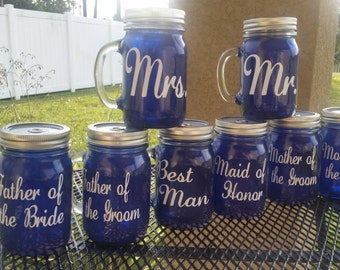 Personalized Wedding Mason Jar Tumbler – Cobalt Blue Sippy Cup with Handle