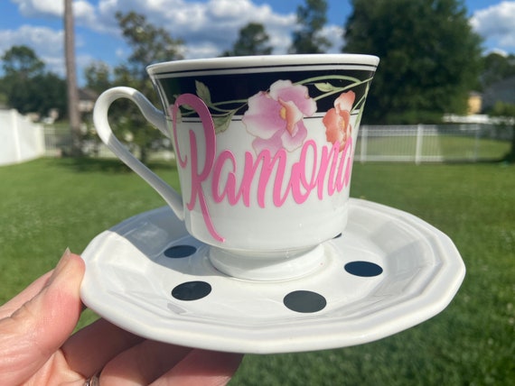 Floral Pink and Black  Personalized Tea Cup and Saucer Set -  choose name -  tea party
