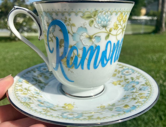 Light blue and green floral Personalized Tea Cup and Saucer Set -  choose name -  tea party
