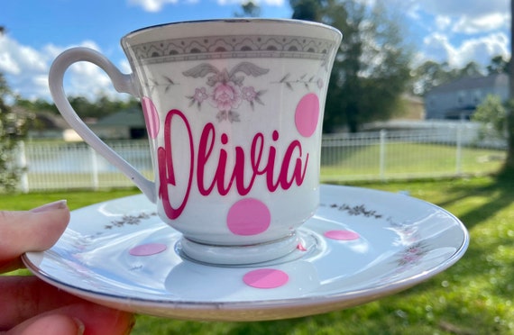 Personalized Tea Cup and Saucer Set - Choose Name - Silver pink Floral Design