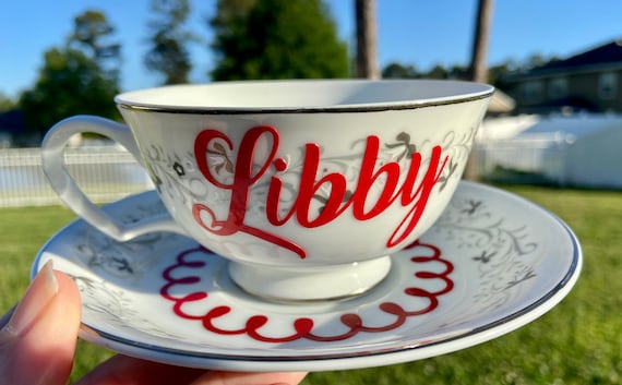Personalized Tea Cup and Saucer Set.-  Bone White with Silver - Vintage Tea Cup Set