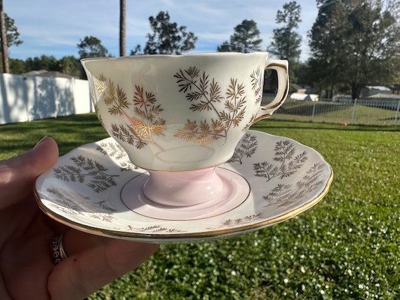 Vintage Colcolought Light Pink Gold Gilt Fern Teacup and saucer set