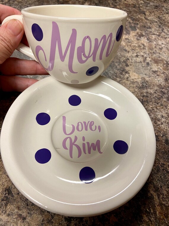 Tea Cup and Saucer Set - Custom Tea Cup- Ivory with shades of purple lettering or Choose  Color. - Birthday Gift -  Personalized Tea Cup