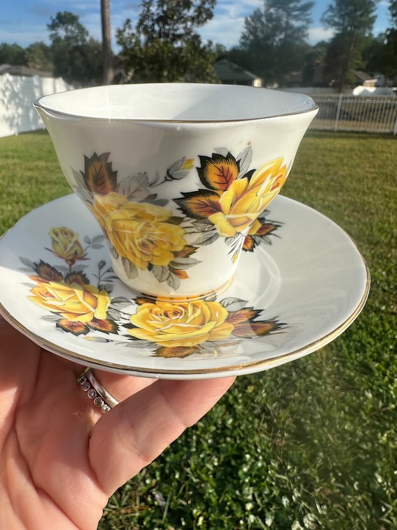 Vintage  Rosina Quarterfoil Yellow Rose Teacup and Saucer Set -  English Tea Party