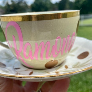 Personalized Tea Cup and Saucer Set - light pink and Light brown tea cup with floral saucer