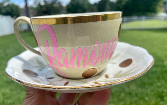 Personalized Tea Cup and Saucer Set - light pink and Light brown tea cup with floral saucer