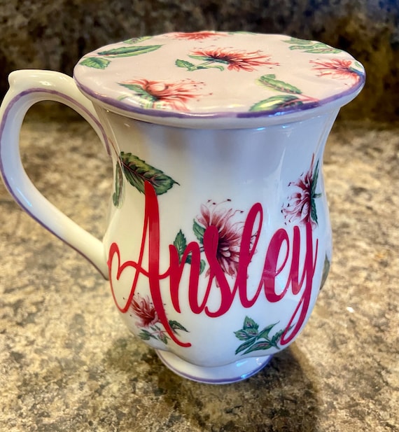 Personalized Tea Cup Set with lid - great gift - Floral Tea Cup