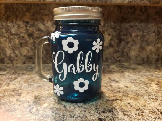 16 oz  Personalized Custom Glass -Handled Glass  Choose your Color -  Birthday Parties - Personalized Gifts - Teen Gifts - Flower Glass