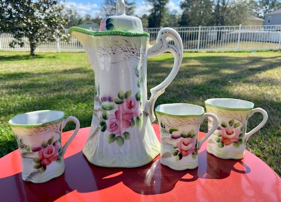 Hand painted Japan Teapot with Tea Cups - Floral design - beautiful tea set for tea party