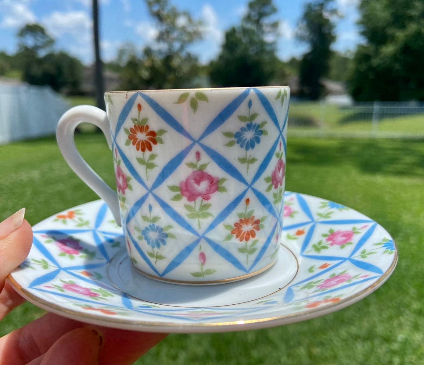 Handmade Floral Espresso Cup & Saucer Set - Ceramic Flower Coffee