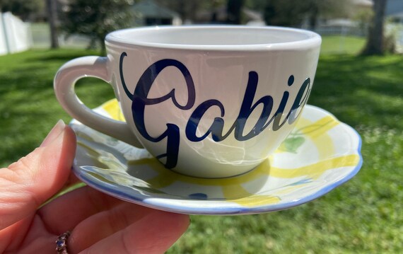 Choose your Saucer & Personalized Tea Cup and Saucer Set - Custom Tea Cup and you choose the saucer and shade of blue lettering