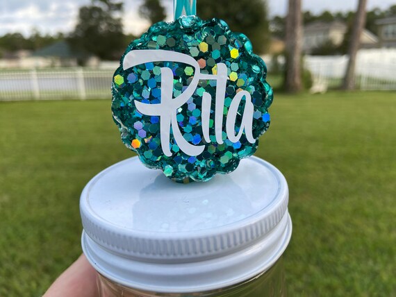 Personalized Glitter Round Scalloped Edge Straw Topper - Choose your color of topper and lettering