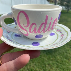 Personalized Tea Cup and Saucer Set -  Floral Saucer - Lime Green and Shades of Purple