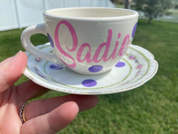 Personalized Tea Cup and Saucer Set -  Floral Saucer - Lime Green and Shades of Purple
