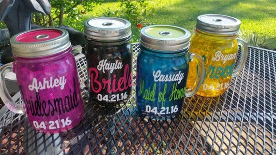 16 oz Wedding Personalized  MASON JAR Sippy Tumbler - Glass with Handle - Choose your Color  - Personalized Wedding Party Gift