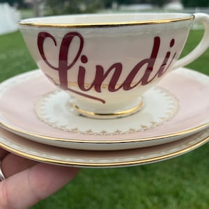 Vintage Pink Rose and Gold Saucer and Dessert Plate with Personalized Tea Cup