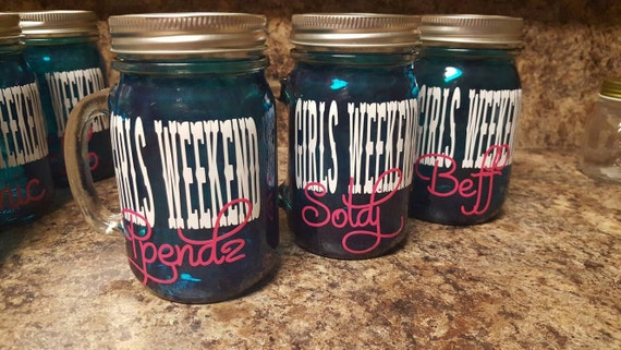 Girls Weekend Personalized Sippy Mason Jar Glasses- Glass with Handle -Turquoise or Choose Your Colors-  Bachelorette - Weddings Welcome