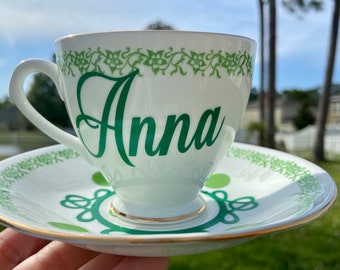 Personalized Tea Cup and Saucer Set - Vintage Green and Gold Design - Customized.