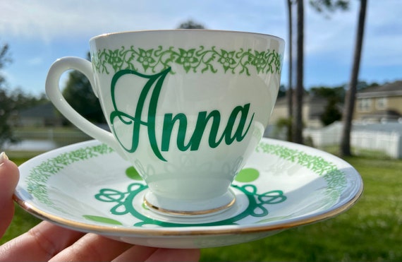 Personalized Tea Cup and Saucer Set - Vintage Green and Gold Design - Customized.